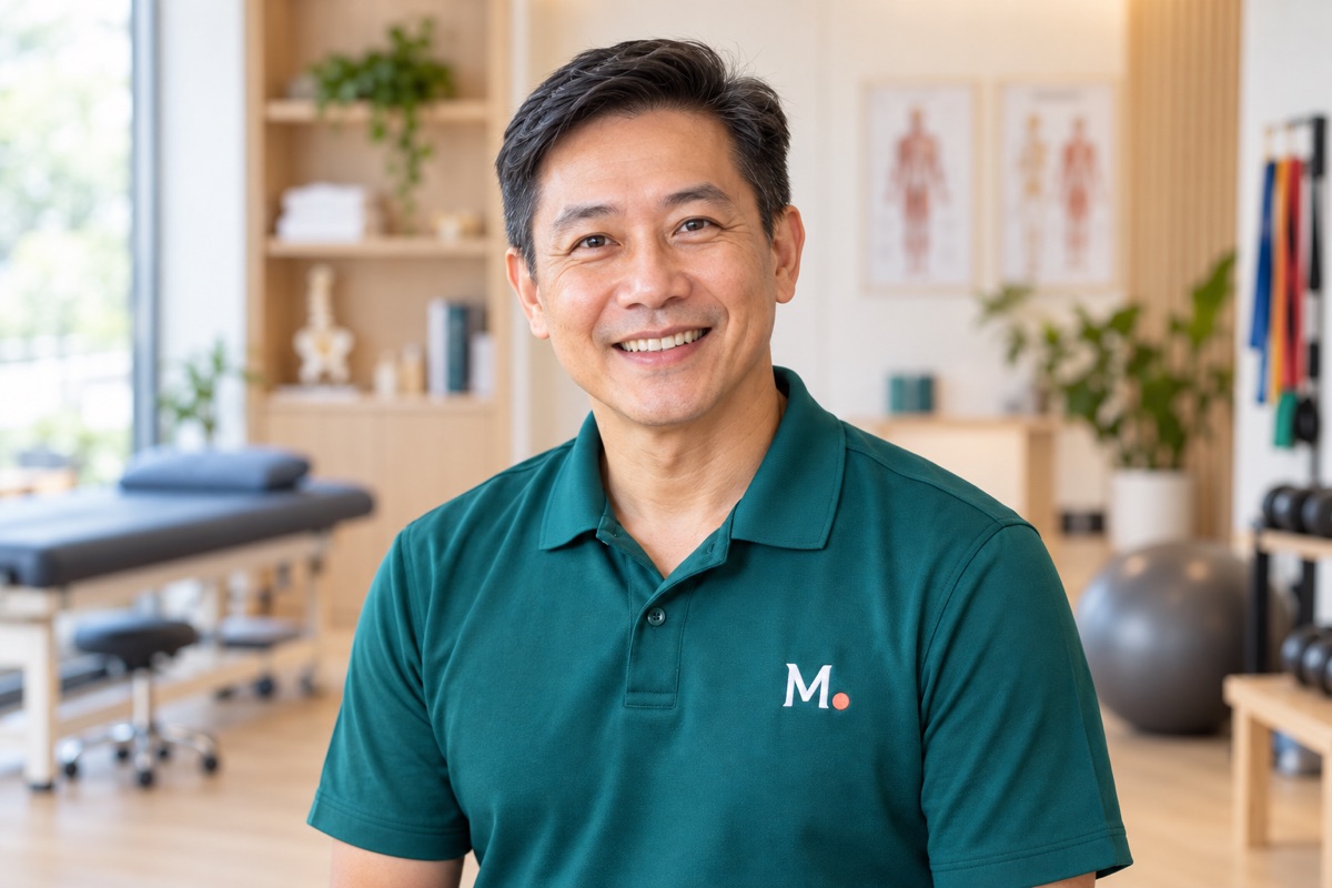 James Koh, Physiotherapist at Meridian, in a teal Meridian uniform