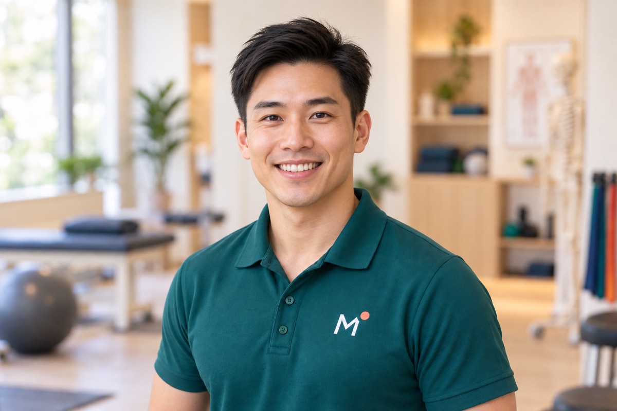 Marcus Lee, Physiotherapist at Meridian, in a teal Meridian uniform