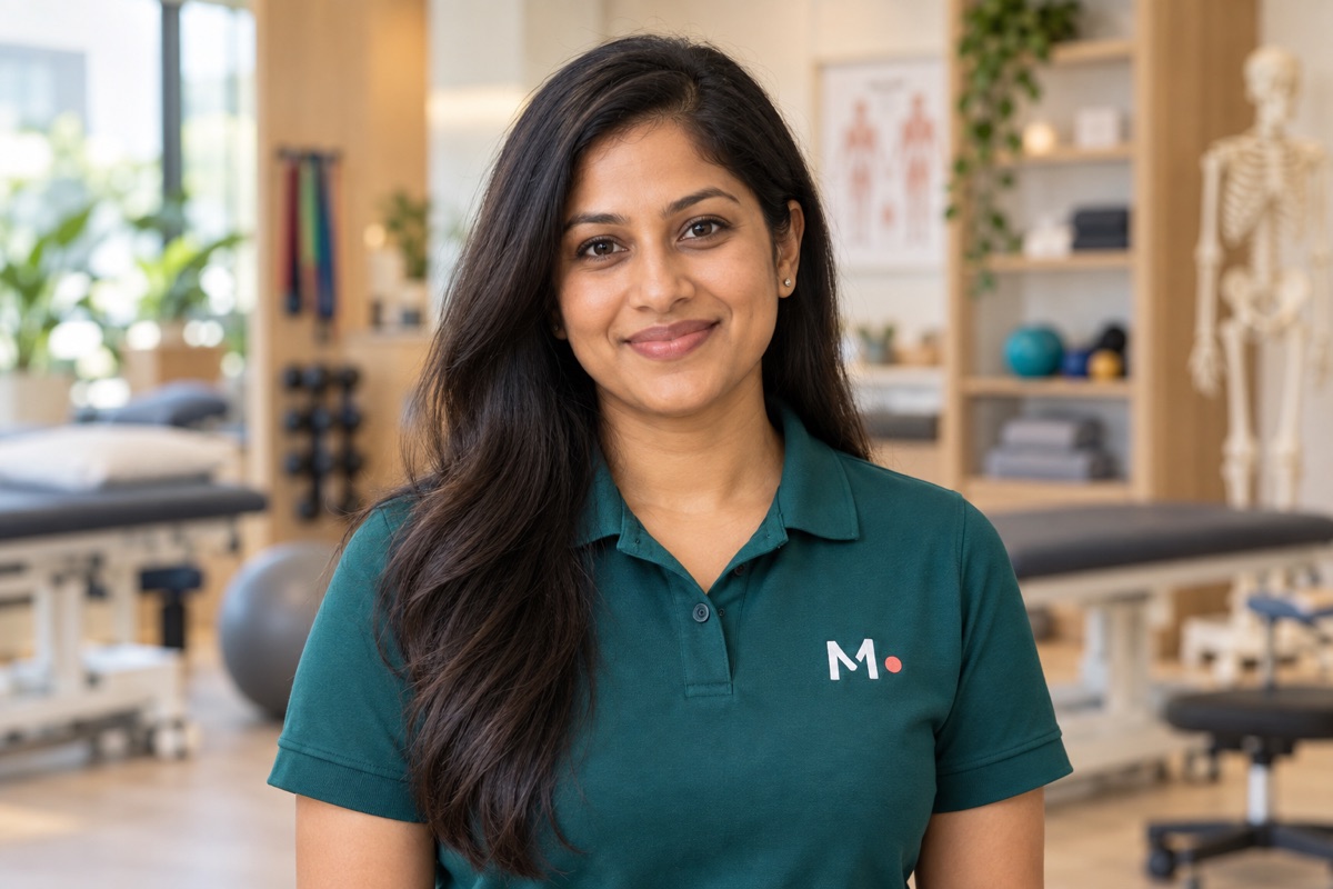 Priya Nair, Physiotherapist at Meridian, in a teal Meridian uniform