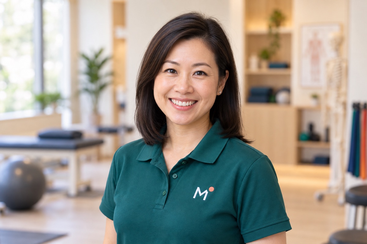 Rachel Ong, Senior Physiotherapist at Meridian, in a teal Meridian uniform